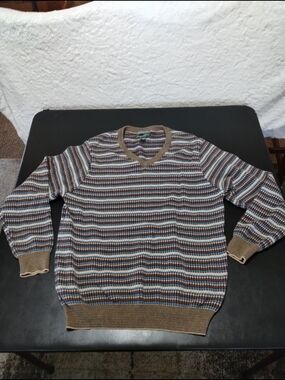Vintage Lyle & Scott Men's Striped V-Neck Sweater in Brown and Blue Sz Medium